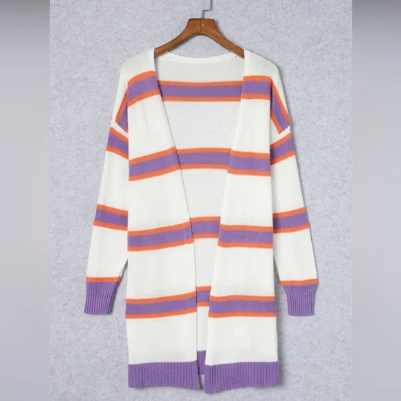 Striped Purple and Orange Women's Cardigan Knit Sweater size XL (16) - Picture 5 of 7